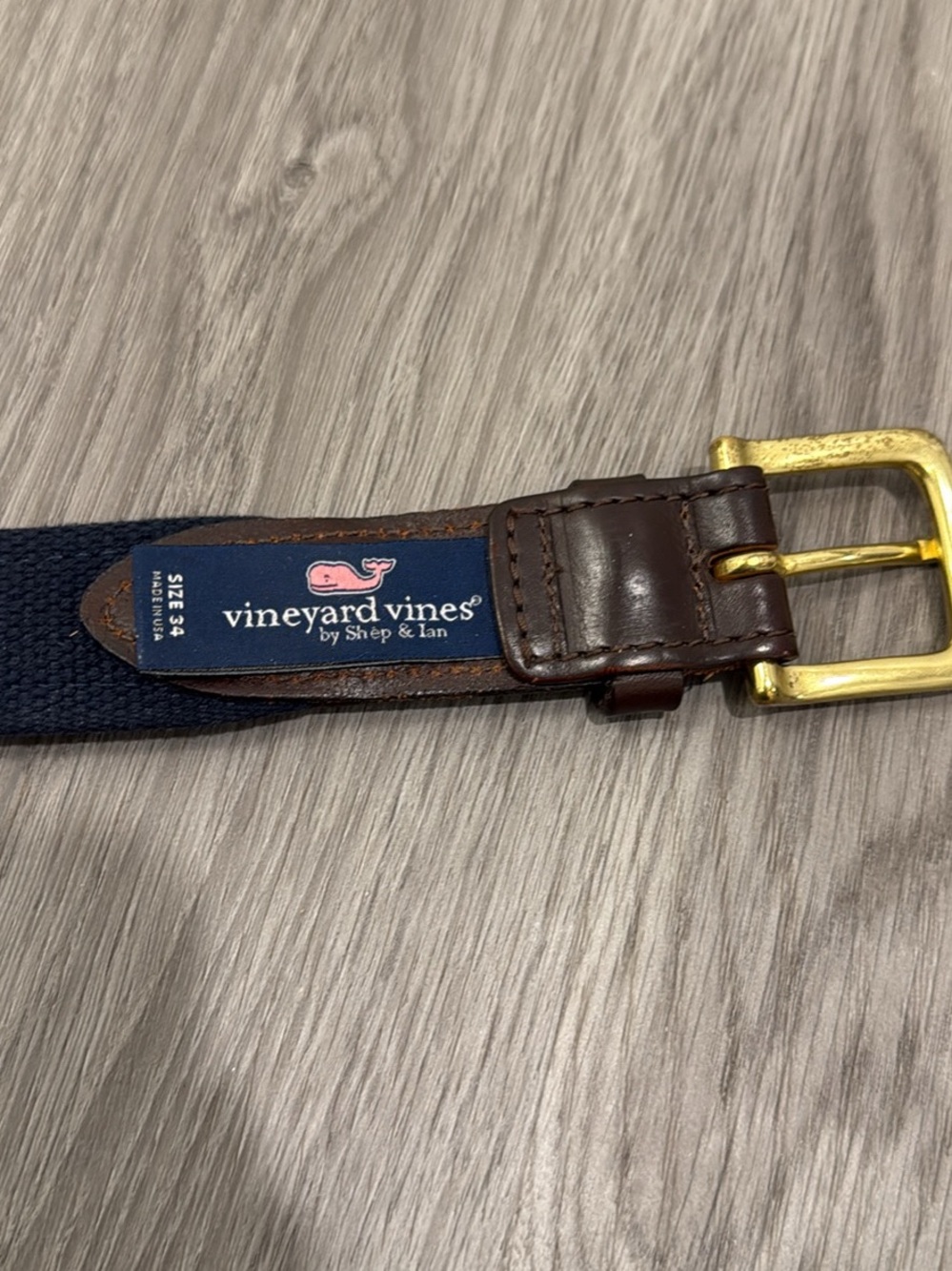 Vineyard Vines Navy Woven Belt with Brown Leather & Gold Buckle